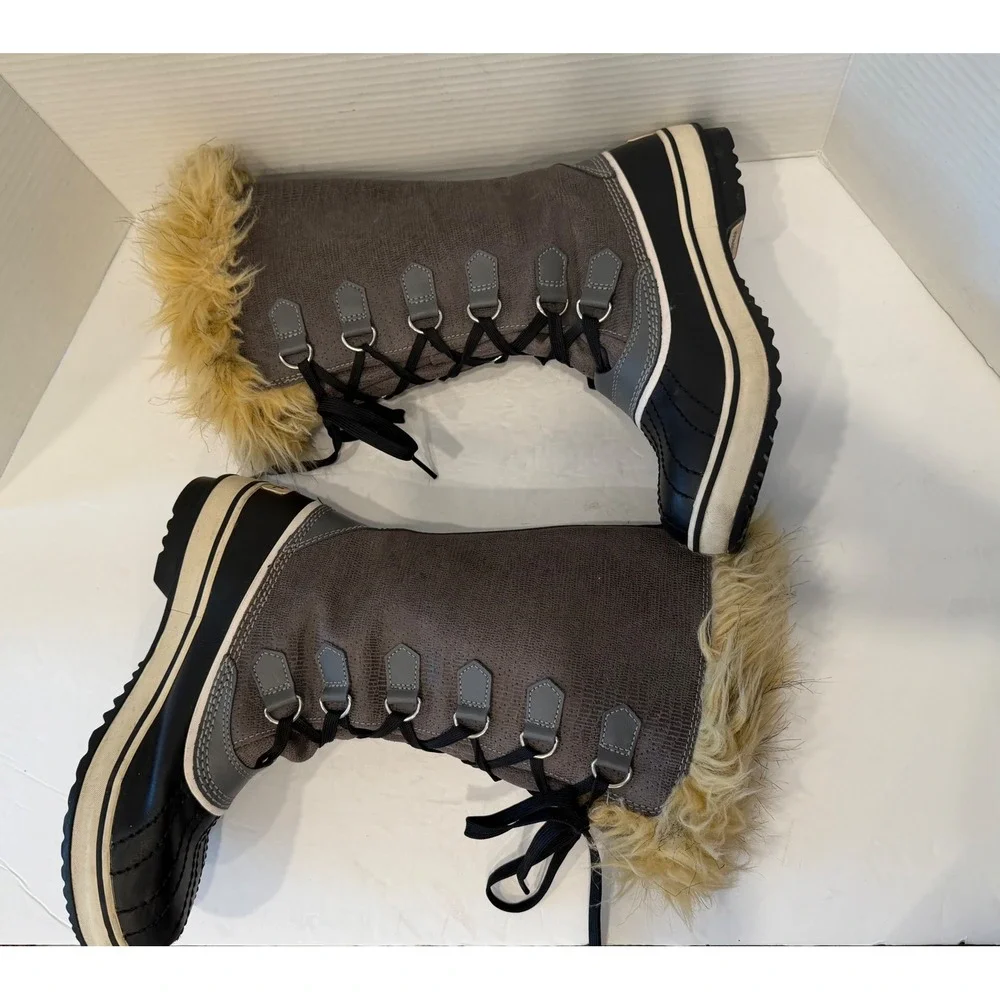 Sorel Joan of Arctic Gray Waterproof Faux Fur Lace Up Tall Winter Boots‎ Sz 7.5